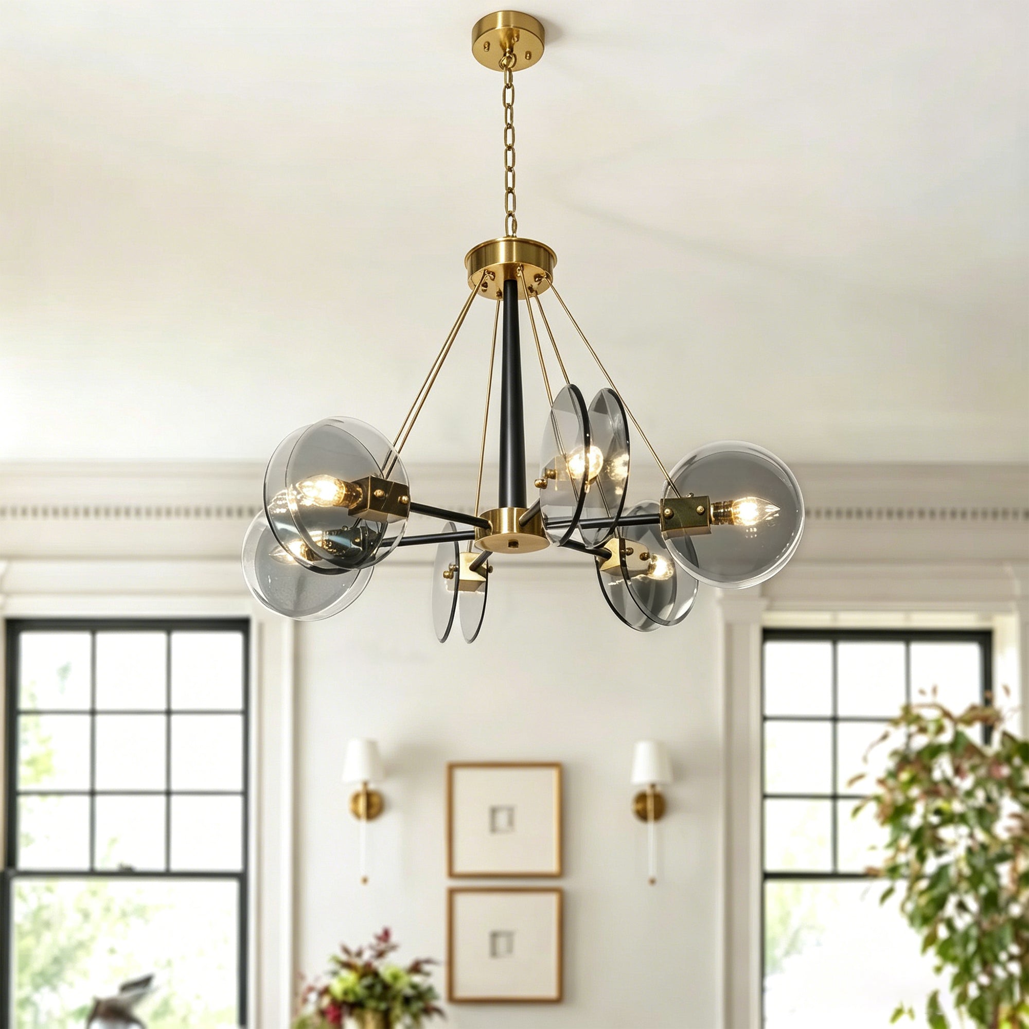 Dehowll Modern 6-Light Smoked Glass Disc Chandelier - Black & Brass Accent