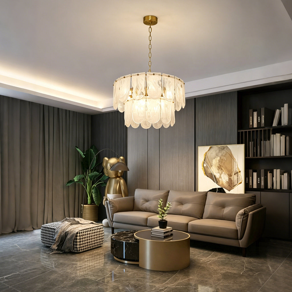 Dehowell Tiered 2-Tier Water Ripple Cloud Glass Traditional Classic Chandelier with Gold Metal Chain
