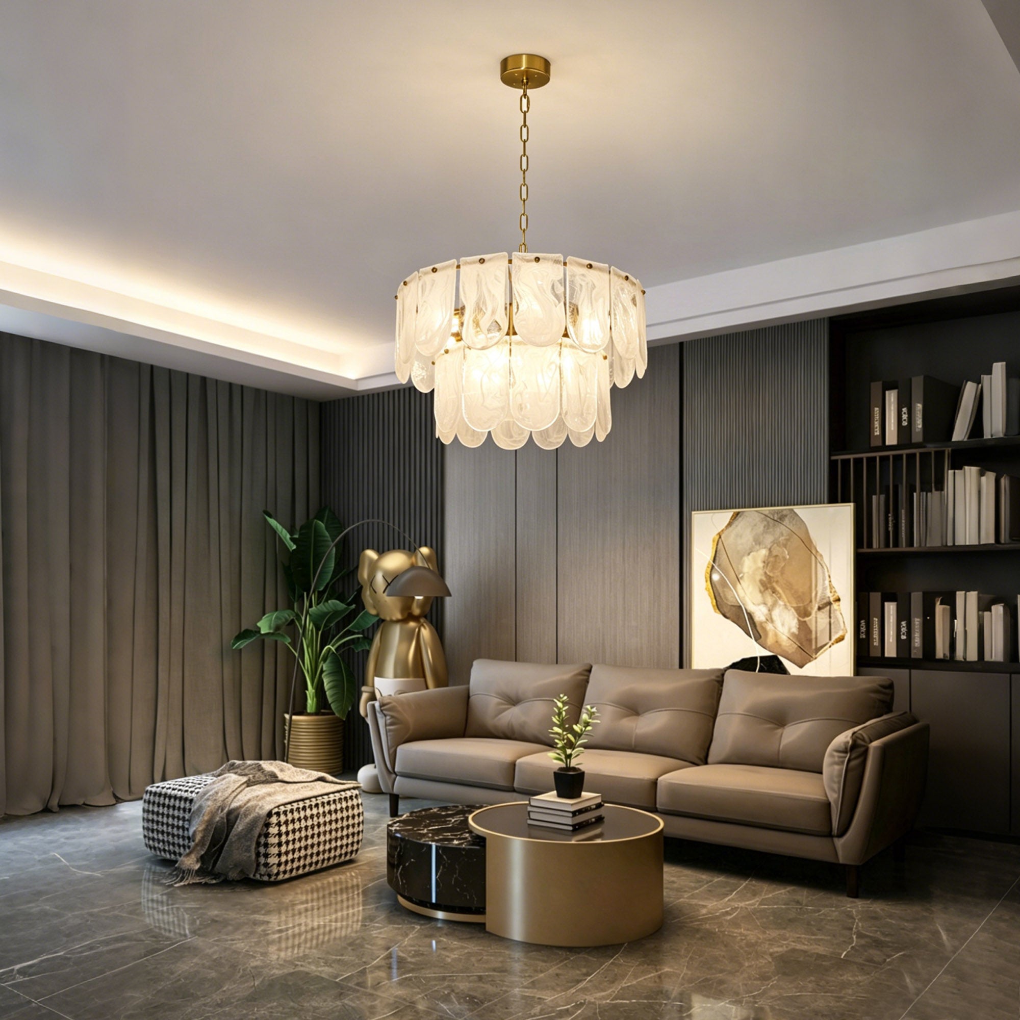 Dehowell Tiered 2-Tier Water Ripple Cloud Glass Traditional Classic Chandelier with Gold Metal Chain