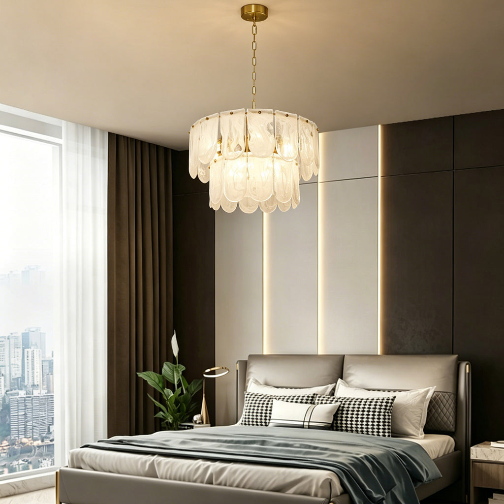 Dehowell Tiered 2-Tier Water Ripple Cloud Glass Traditional Classic Chandelier with Gold Metal Chain