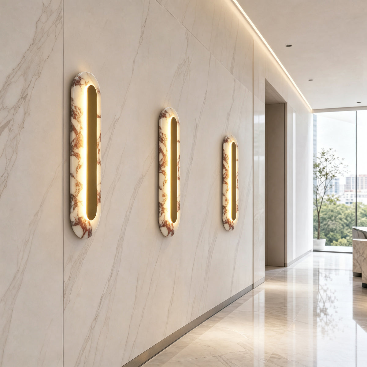 Modern Bulgari Marble Wall Sconce, 3‑Step CCT Selectable LED Light with Brass Metal Accent