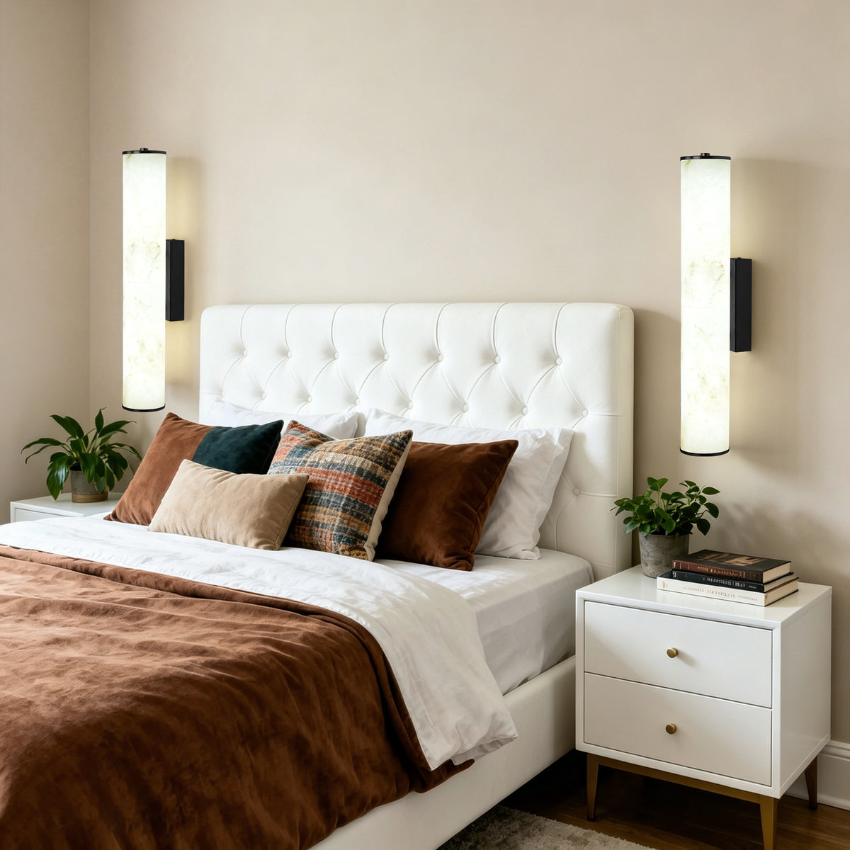 19.7" Modern Cylindrical LED Natural Alabaster Wall Sconce, Dimmable Integrated Light with Brass Metal Backp