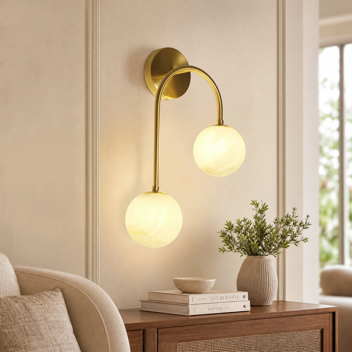 Modern 2-Light Globe Wall Sconce with Faux Alabaster Glass Shades and Brass Finish