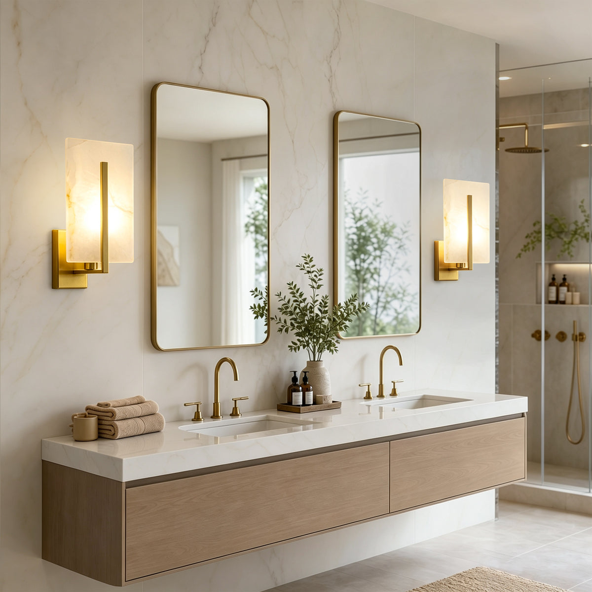 Rectangle Spanish Alabaster Wall Sconce Light 3-Color Selectable Brass LED Wall Mount Lamp