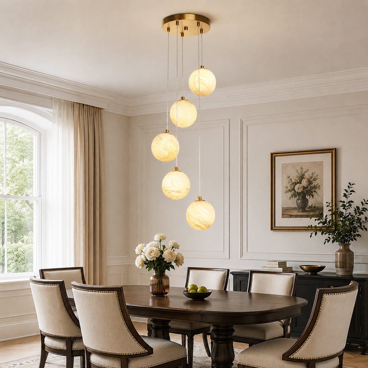 Modern 5-Light Faux Alabaster Glass Globe Cluste Pendant Light with Brass Finish Metal