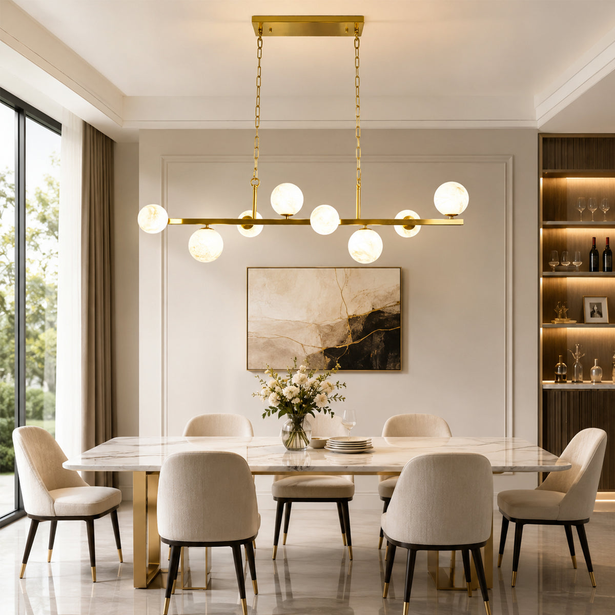 8-Light Brass Modern Linear Chandelier Kitchen Island Pendant Light with Faux Alabaster Glass Shade