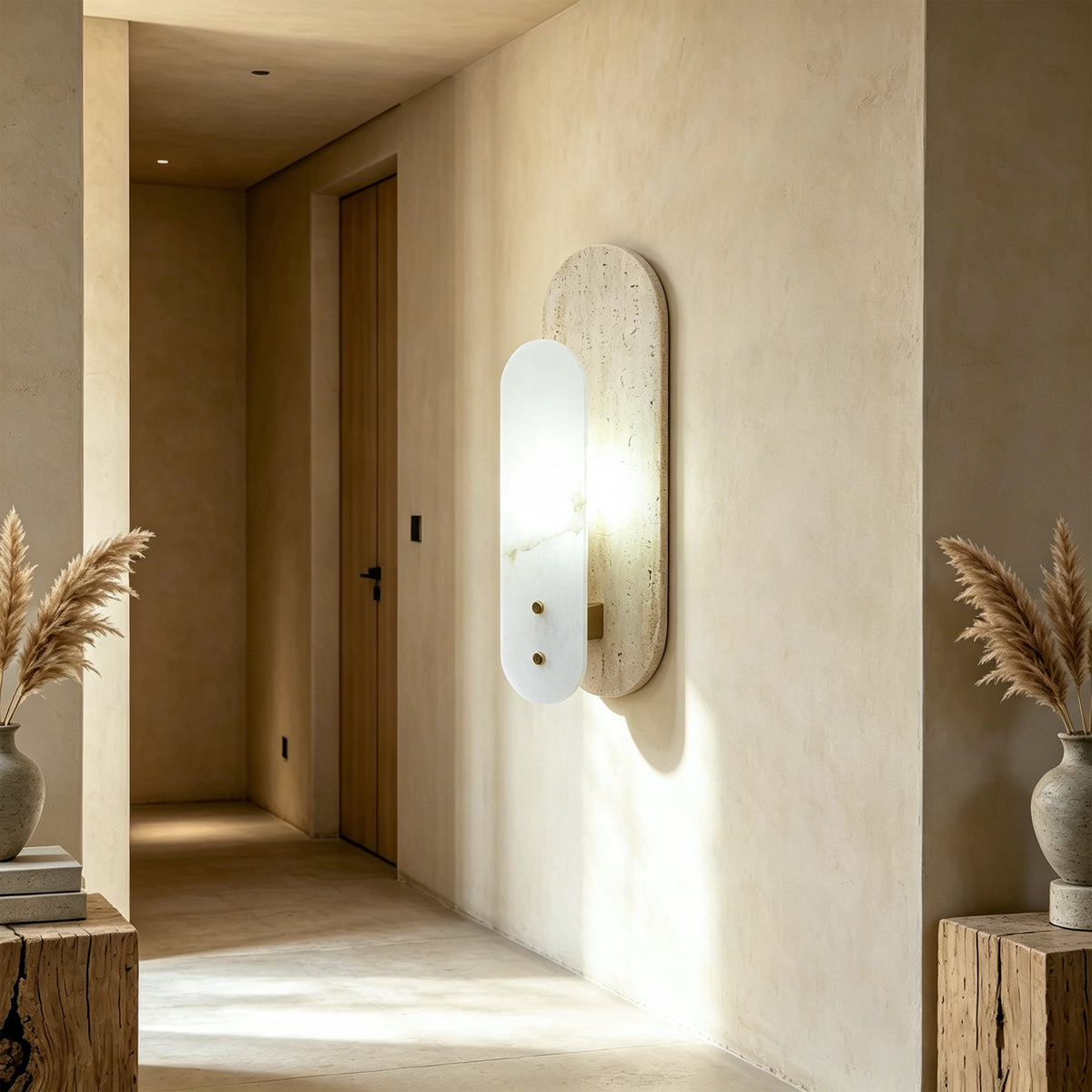 Modern 1-Light 14.57in Travertine and Alabaster LED Flush Mount Wall Sconce with Brass Accent