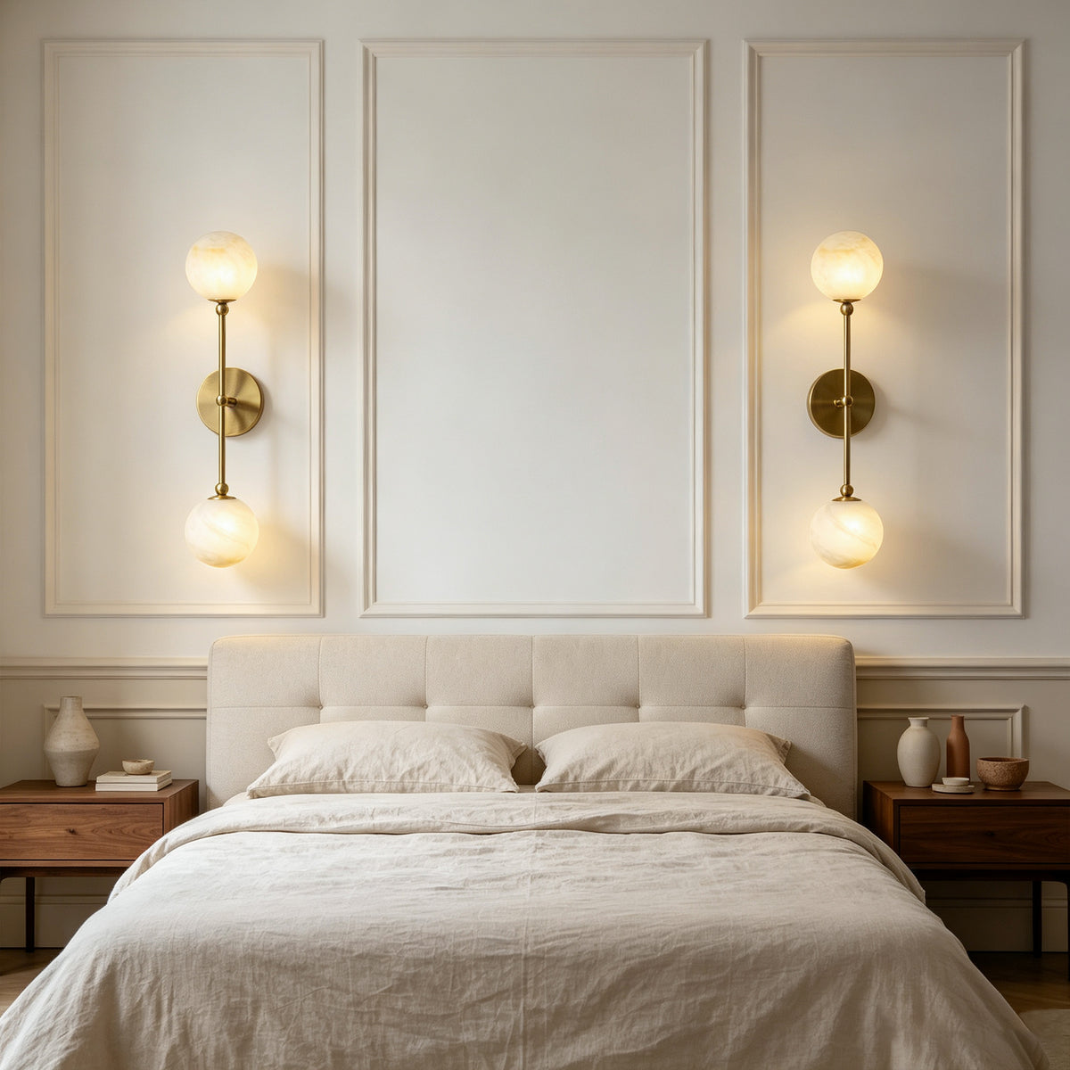 2-Light Globe Wall Sconce with Alabaster-Pattern Glass Shades and Brass Finish