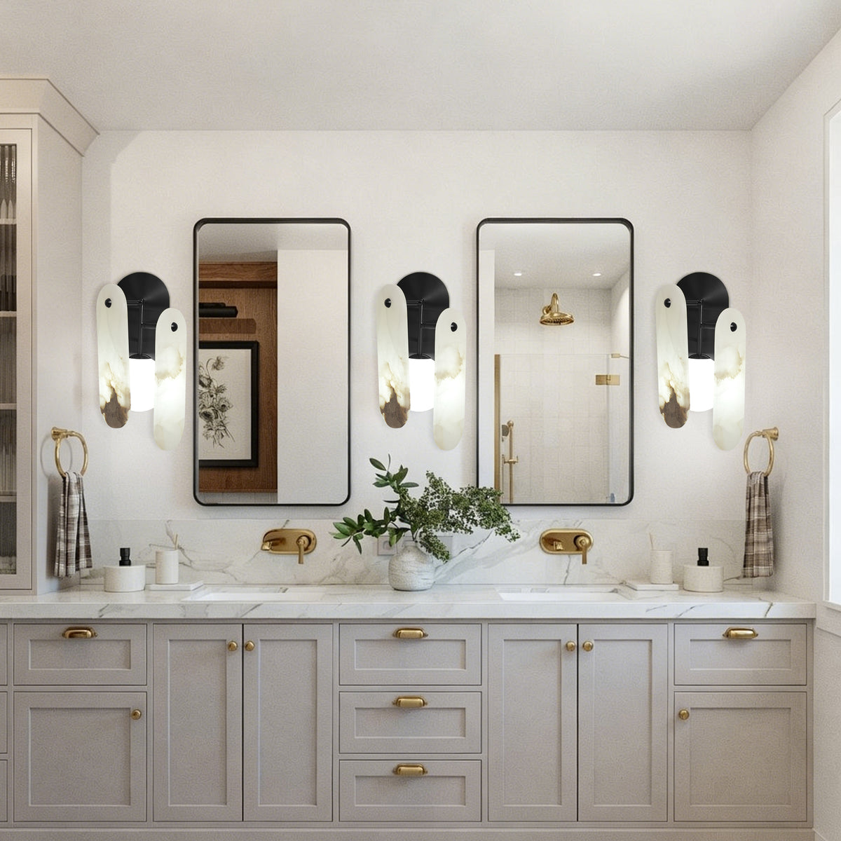 Everly Quinn Modern Natural Alabaster Stone Wall Sconce, Dimmable Mid-Century Accent Vanity Light