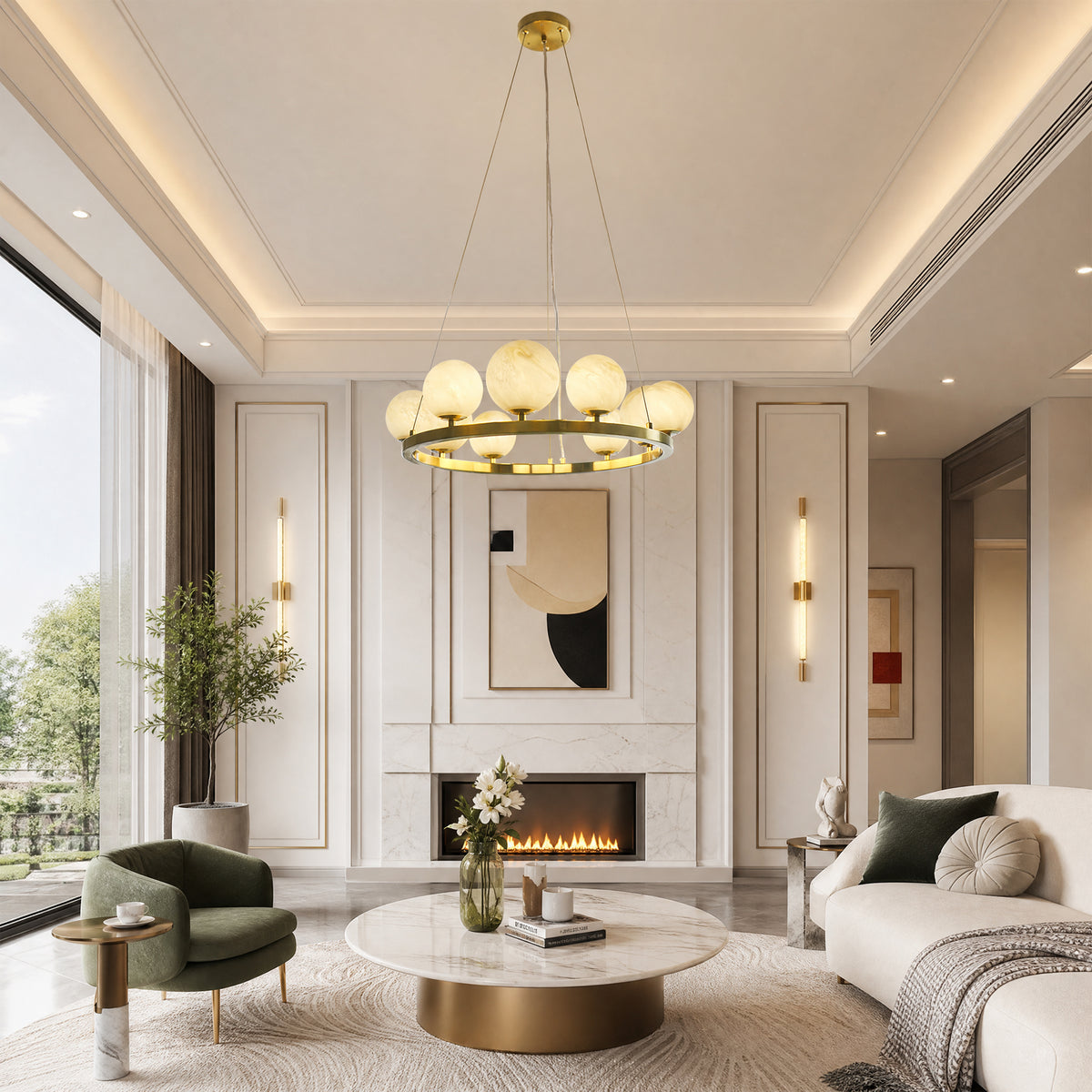 9-Light Brass Modern Globe Chandelier Wagon Wheel Ring Pendant Light with Faux Alabaster Glass Shade
