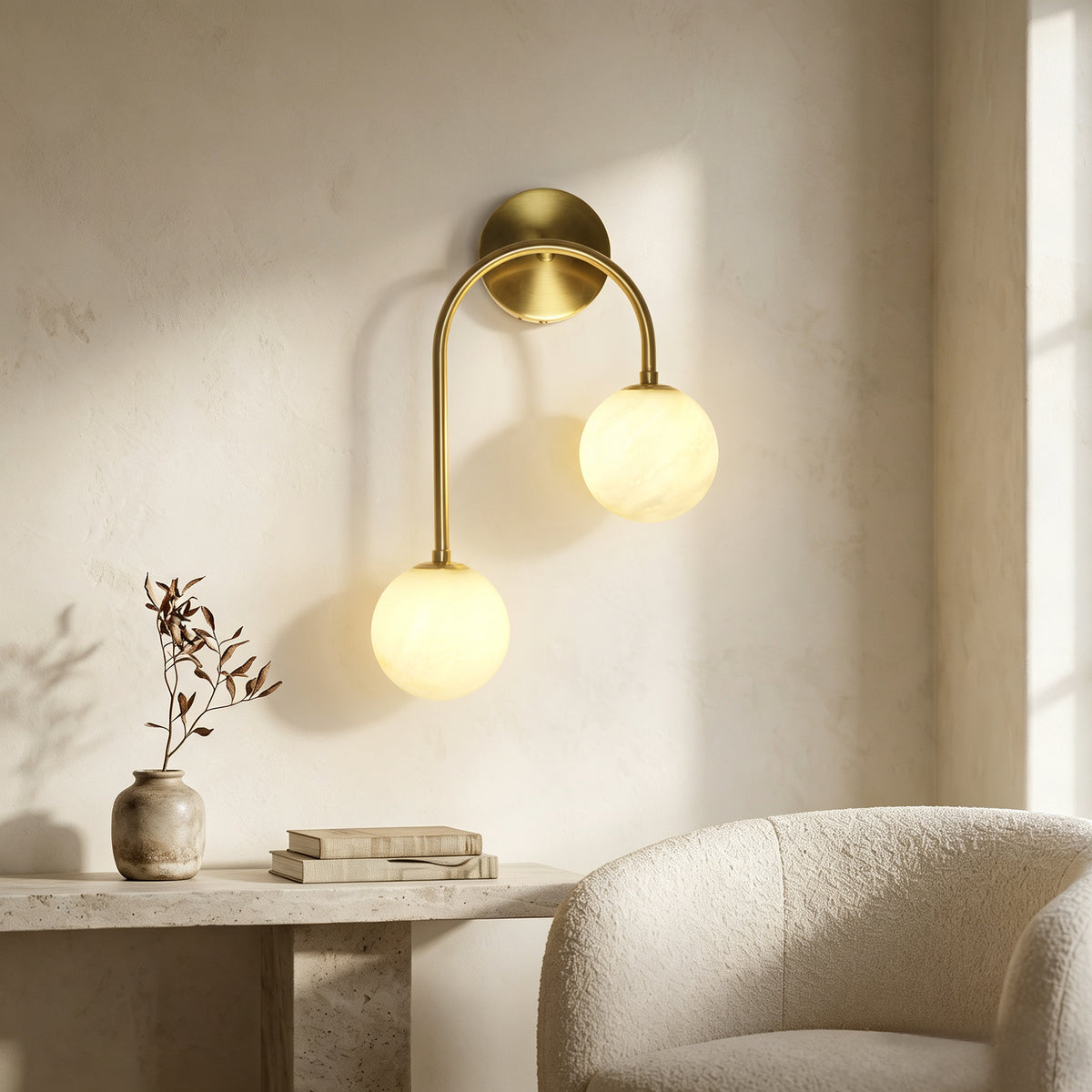 Modern 2-Light Globe Wall Sconce with Faux Alabaster Glass Shades and Brass Finish
