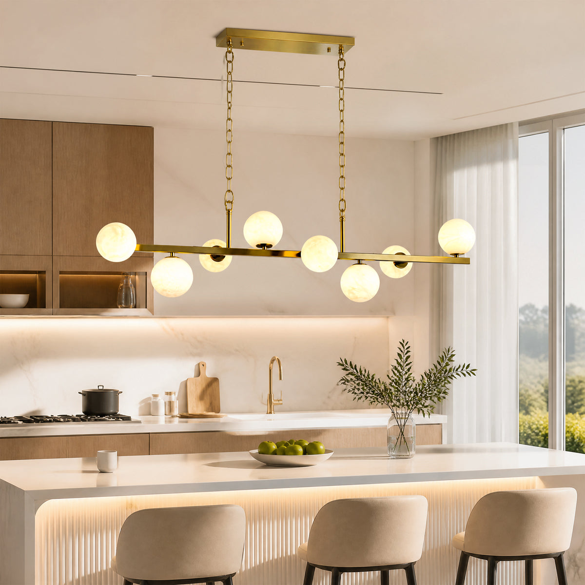 8-Light Brass Modern Linear Chandelier Kitchen Island Pendant Light with Faux Alabaster Glass Shade