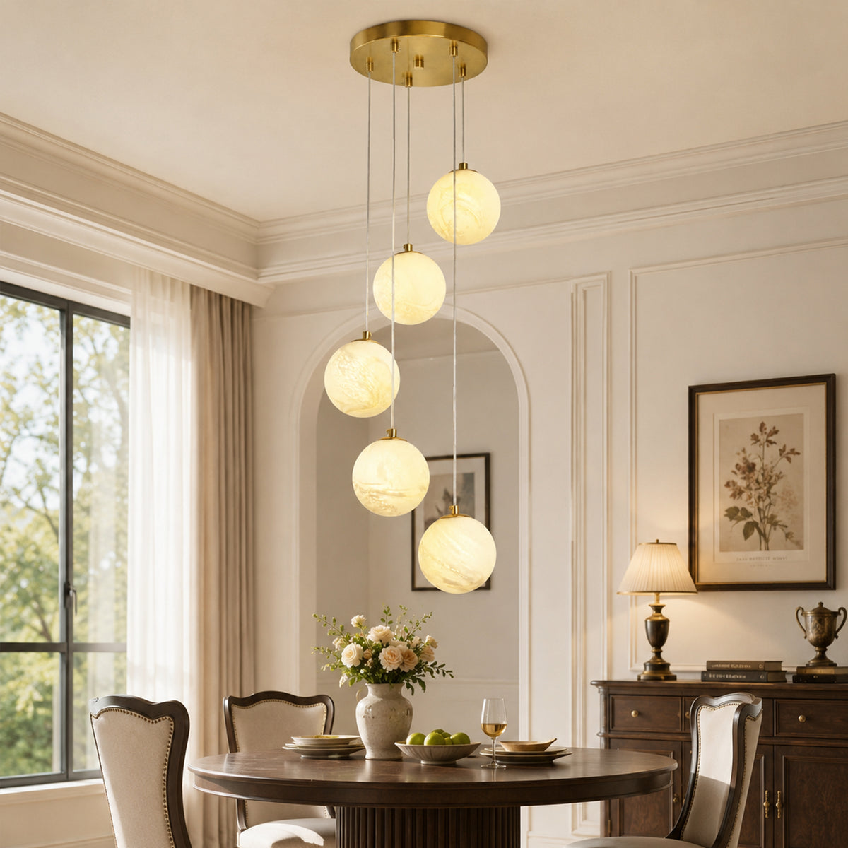Modern 5-Light Faux Alabaster Glass Globe Cluste Pendant Light with Brass Finish Metal