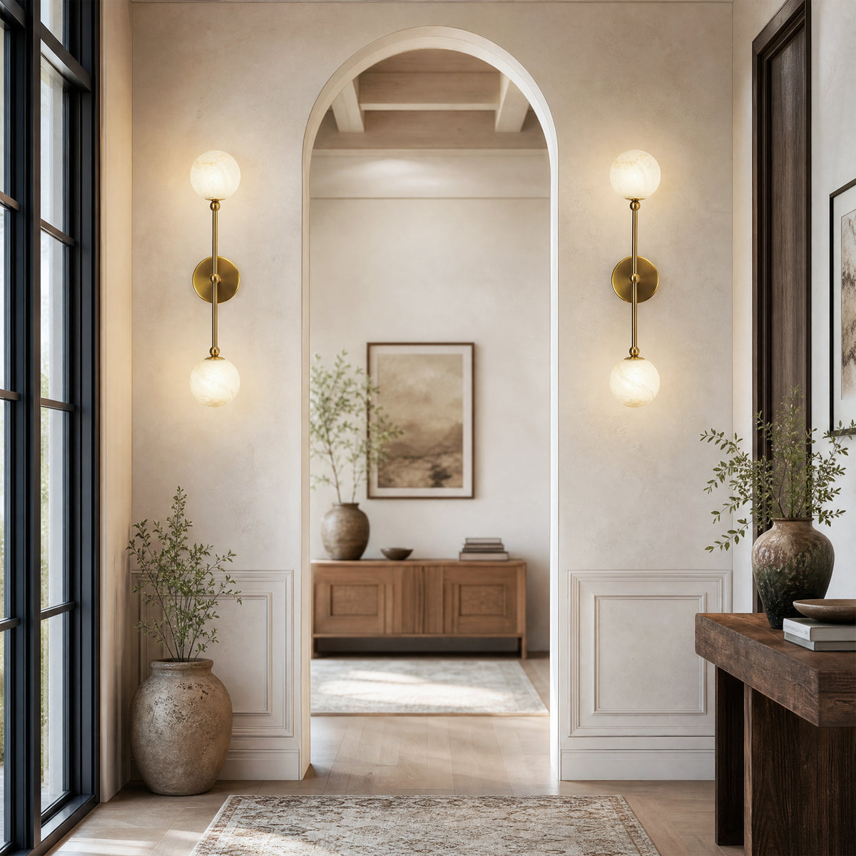 2-Light Globe Wall Sconce with Alabaster-Pattern Glass Shades and Brass Finish