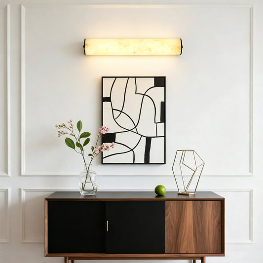 19.7" Modern Cylindrical LED Natural Alabaster Wall Sconce, Dimmable Integrated Light with Brass Metal Backp
