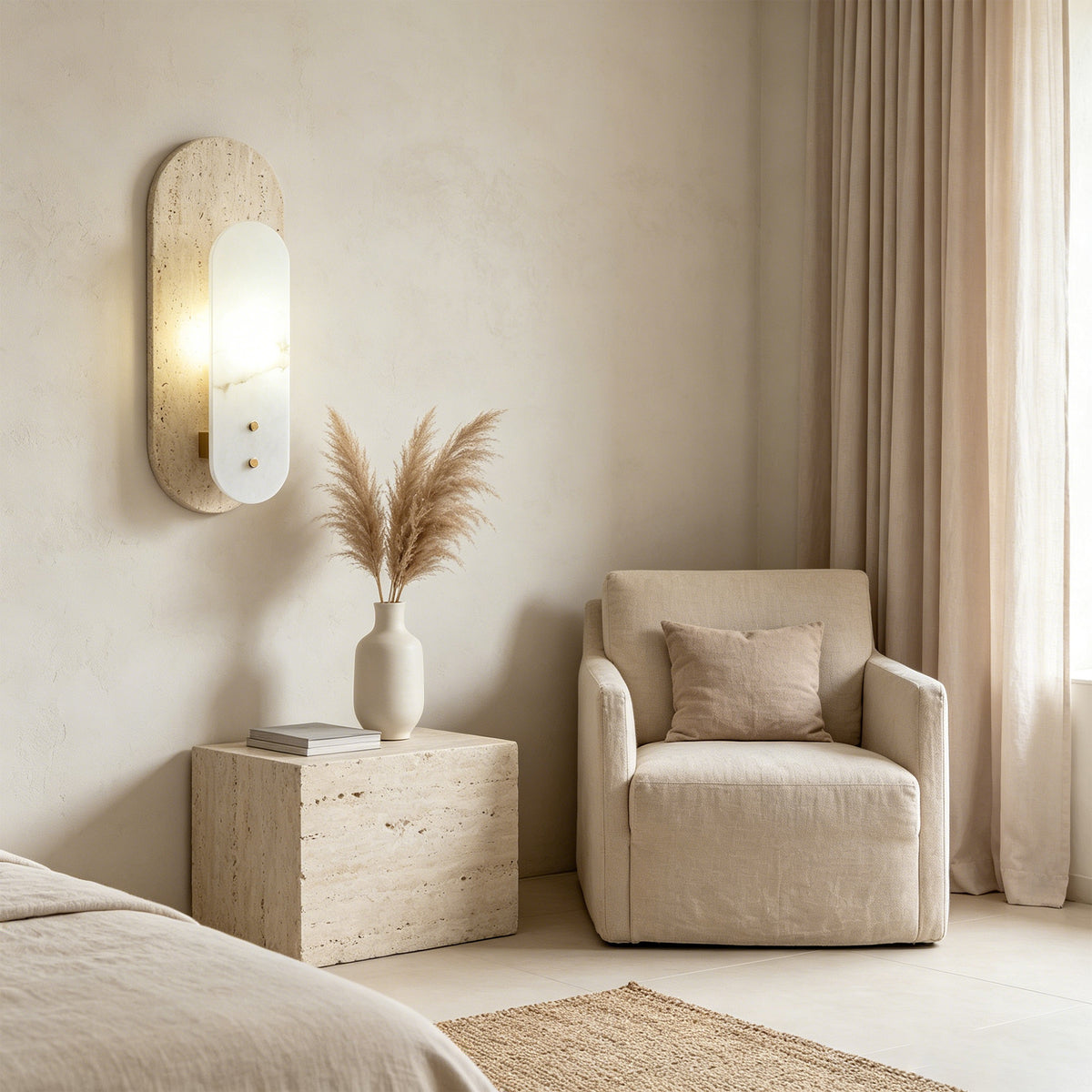 Modern 1-Light 14.57in Travertine and Alabaster LED Flush Mount Wall Sconce with Brass Accent