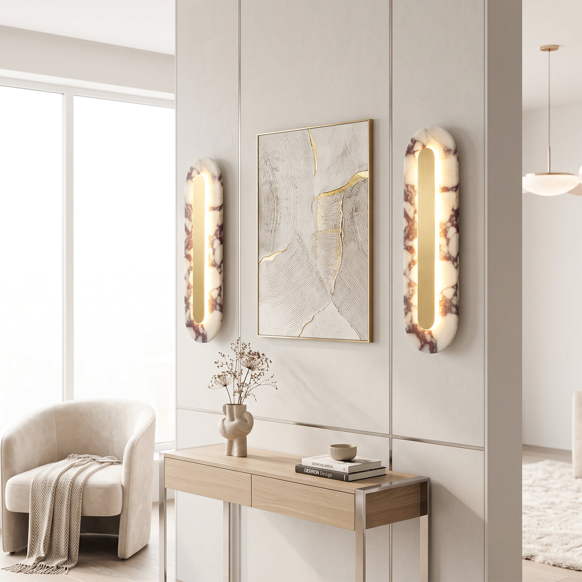 Modern Bulgari Marble Wall Sconce, 3‑Step CCT Selectable LED Light with Brass Metal Accent
