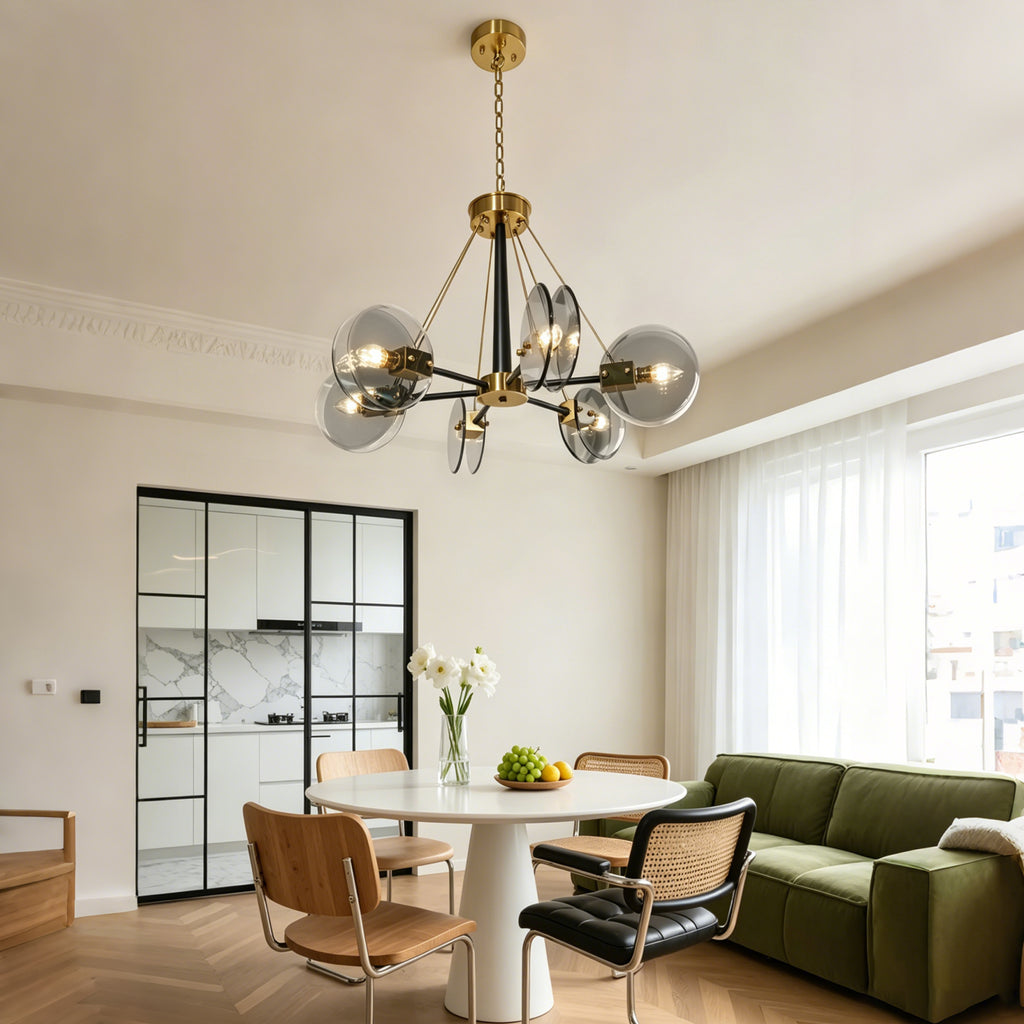 Dehowll Modern 6-Light Smoked Glass Disc Chandelier - Black & Brass Accent