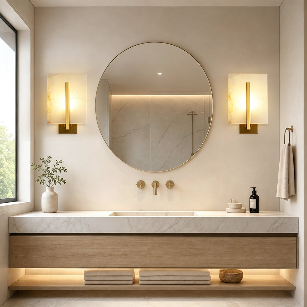 Rectangle Spanish Alabaster Wall Sconce Light 3-Color Selectable Brass LED Wall Mount Lamp