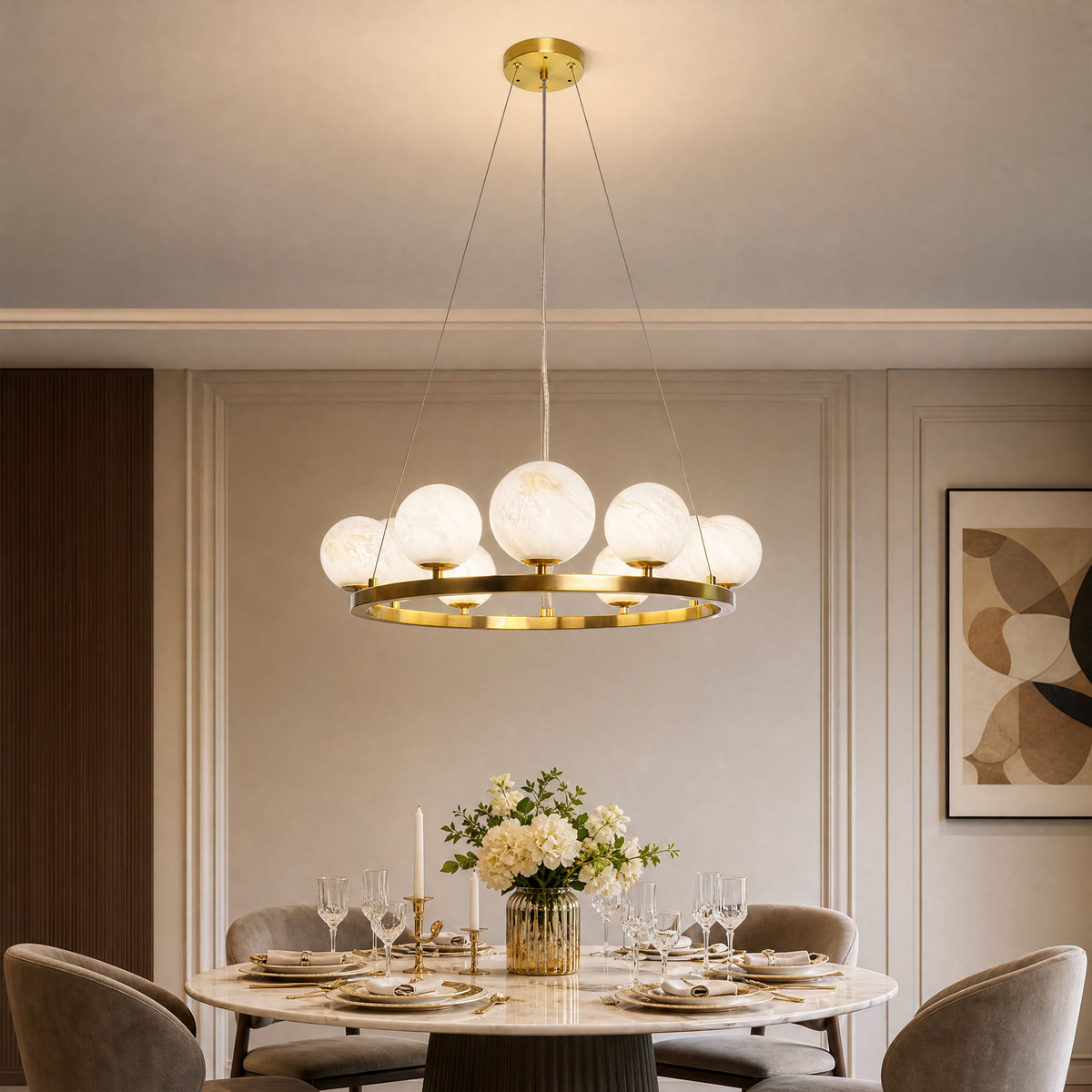 9-Light Brass Modern Globe Chandelier Wagon Wheel Ring Pendant Light with Faux Alabaster Glass Shade