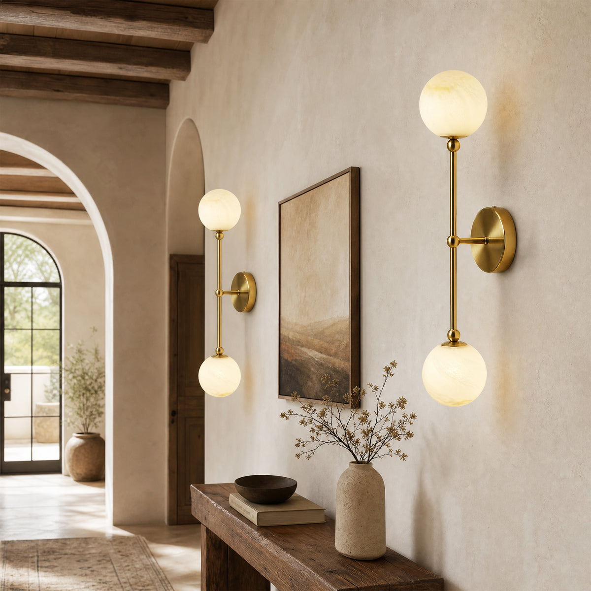 2-Light Globe Wall Sconce with Alabaster-Pattern Glass Shades and Brass Finish