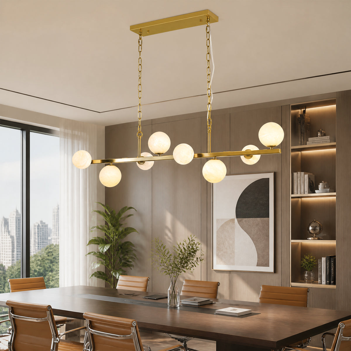 8-Light Brass Modern Linear Chandelier Kitchen Island Pendant Light with Faux Alabaster Glass Shade