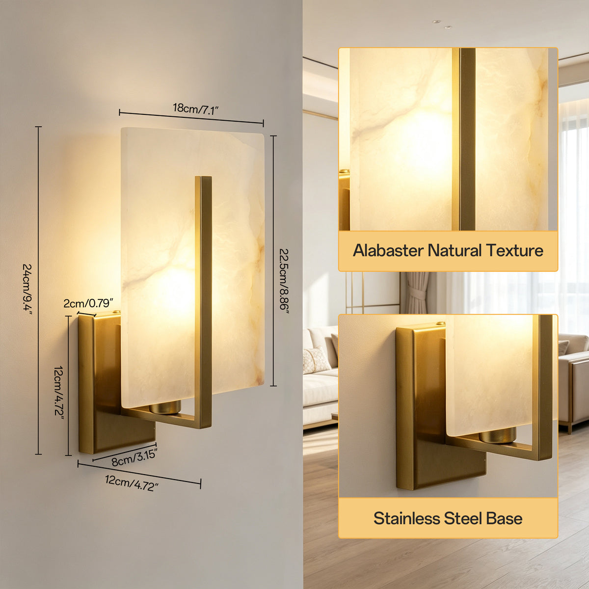 Rectangle Spanish Alabaster Wall Sconce Light 3-Color Selectable Brass LED Wall Mount Lamp