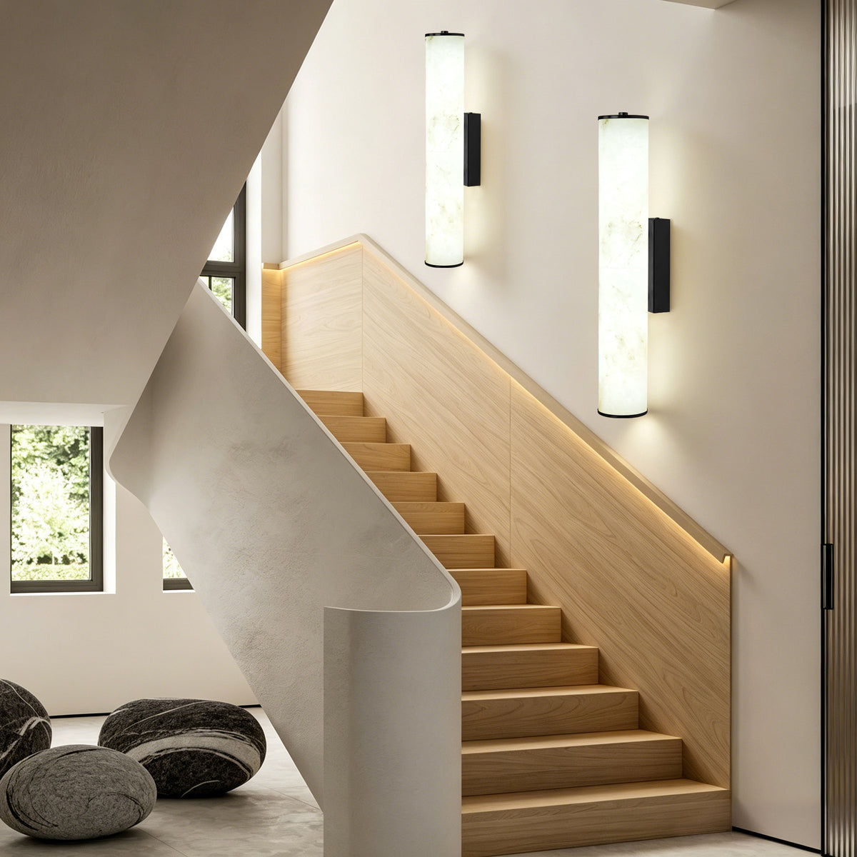 19.7" Modern Cylindrical LED Natural Alabaster Wall Sconce, Dimmable Integrated Light with Brass Metal Backp