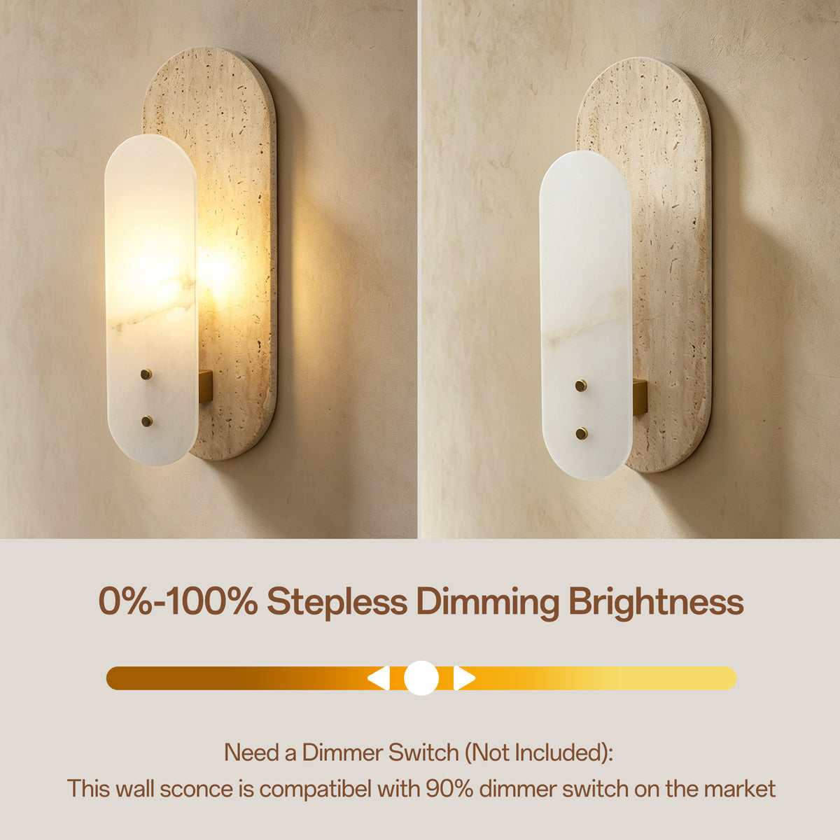 Modern 1-Light 14.57in Travertine and Alabaster LED Flush Mount Wall Sconce with Brass Accent