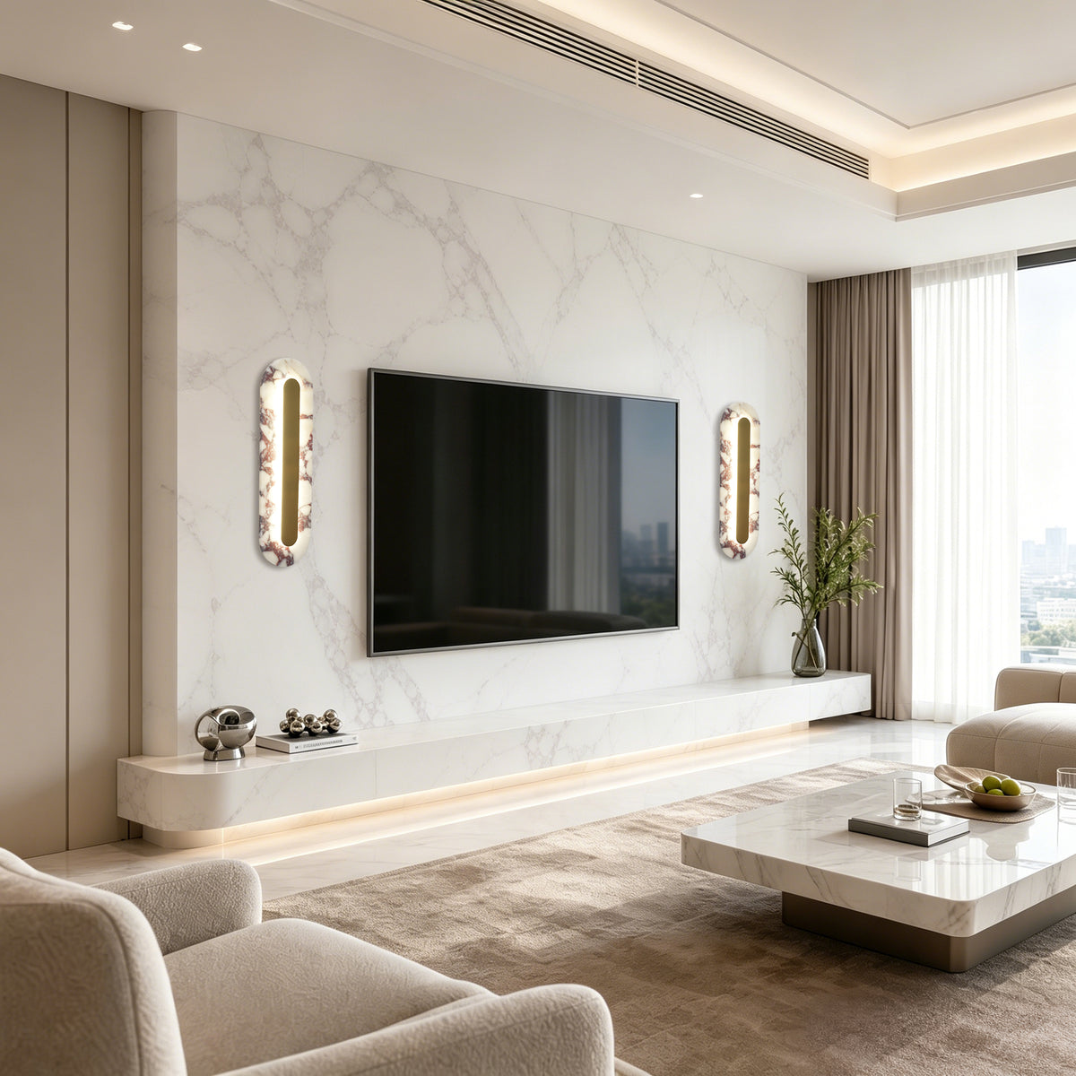 Modern Bulgari Marble Wall Sconce, 3‑Step CCT Selectable LED Light with Brass Metal Accent