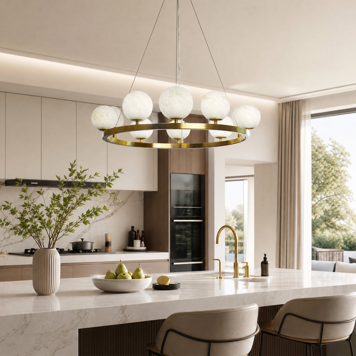 9-Light Brass Modern Globe Chandelier Wagon Wheel Ring Pendant Light with Faux Alabaster Glass Shade
