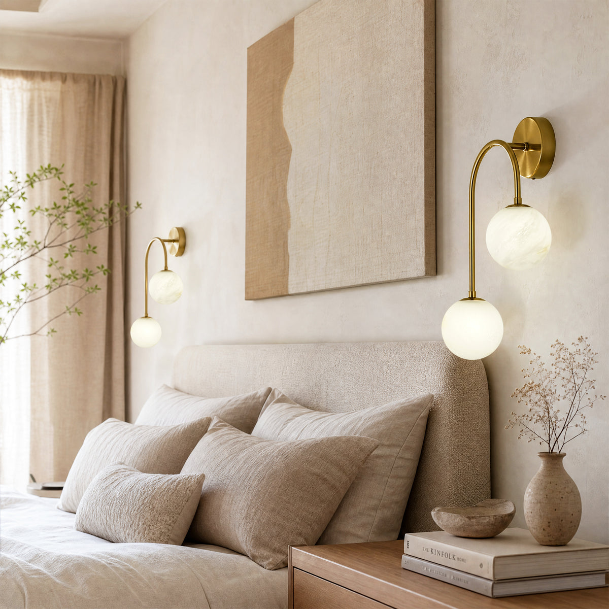 Modern 2-Light Globe Wall Sconce with Faux Alabaster Glass Shades and Brass Finish