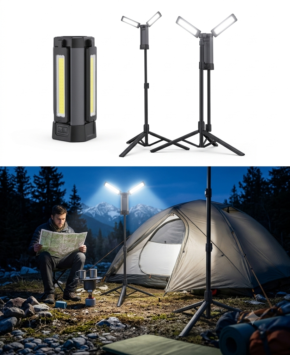 Dehowell Super Bright Portable COB Work Light | Telescopic Tripod Stand Night Market Lamp | Foldable 3-Panel Detachable Flashlight