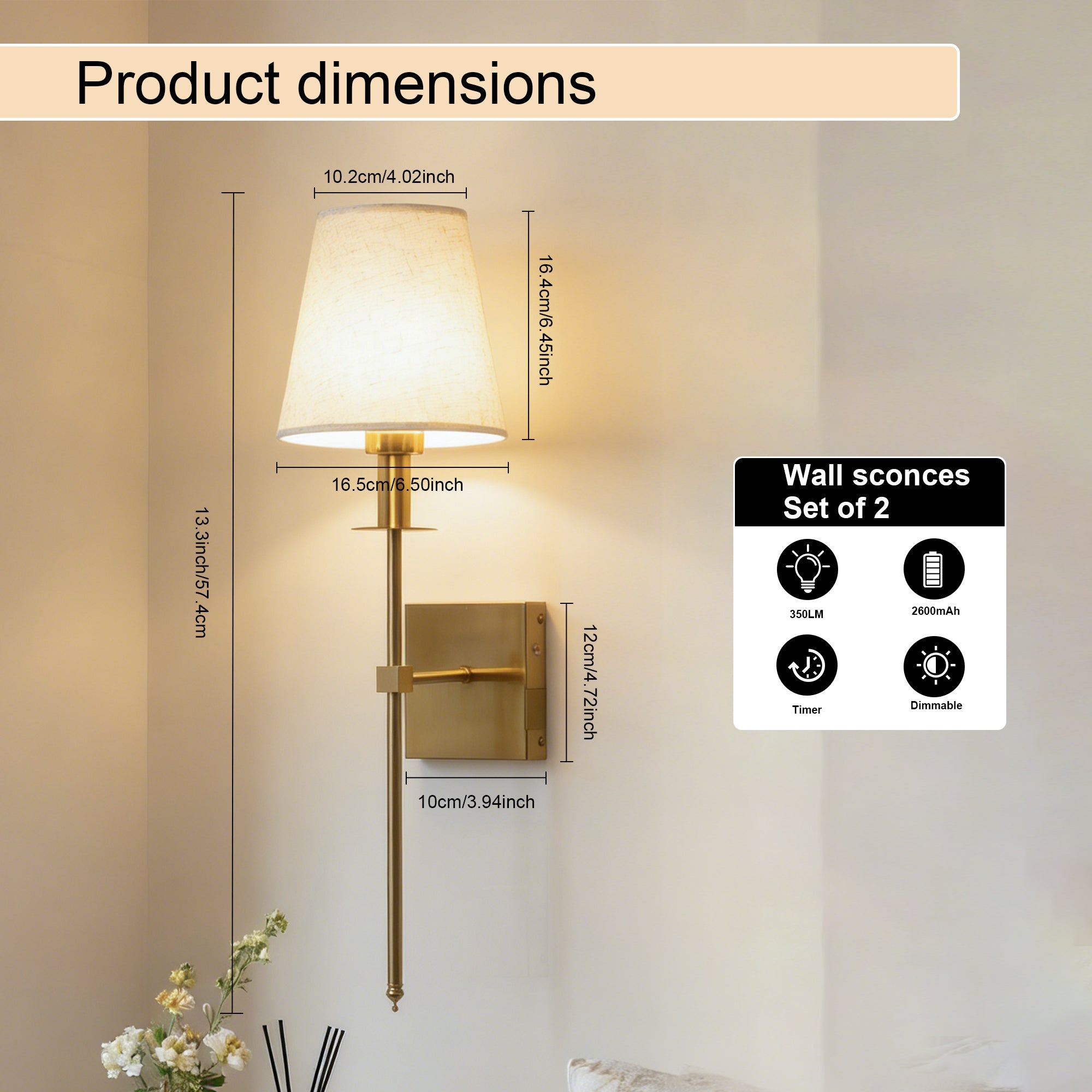 Dehowell Modern Removable Battery Operated Wireless Fabric Shade Wall Sconce With Remote Control (Set of 2)