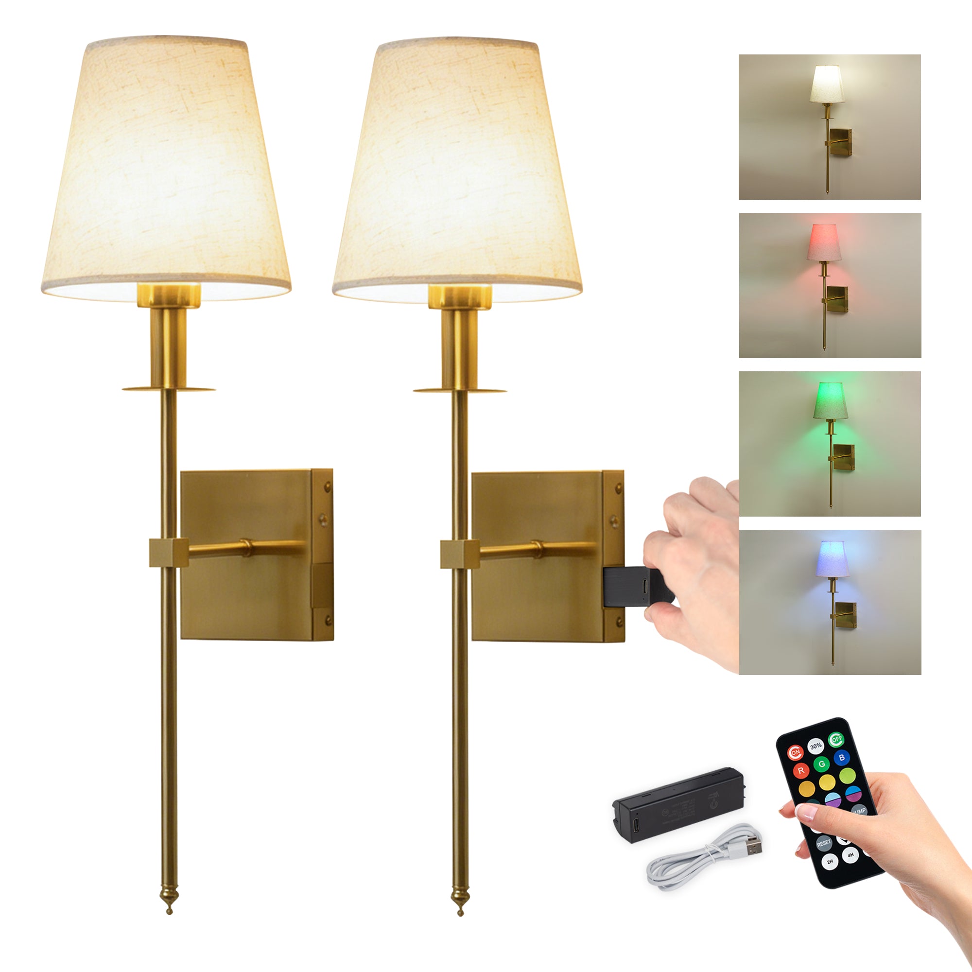 Dehowell Modern Removable Battery Operated Wireless Fabric Shade Wall Sconce With Remote Control (Set of 2)