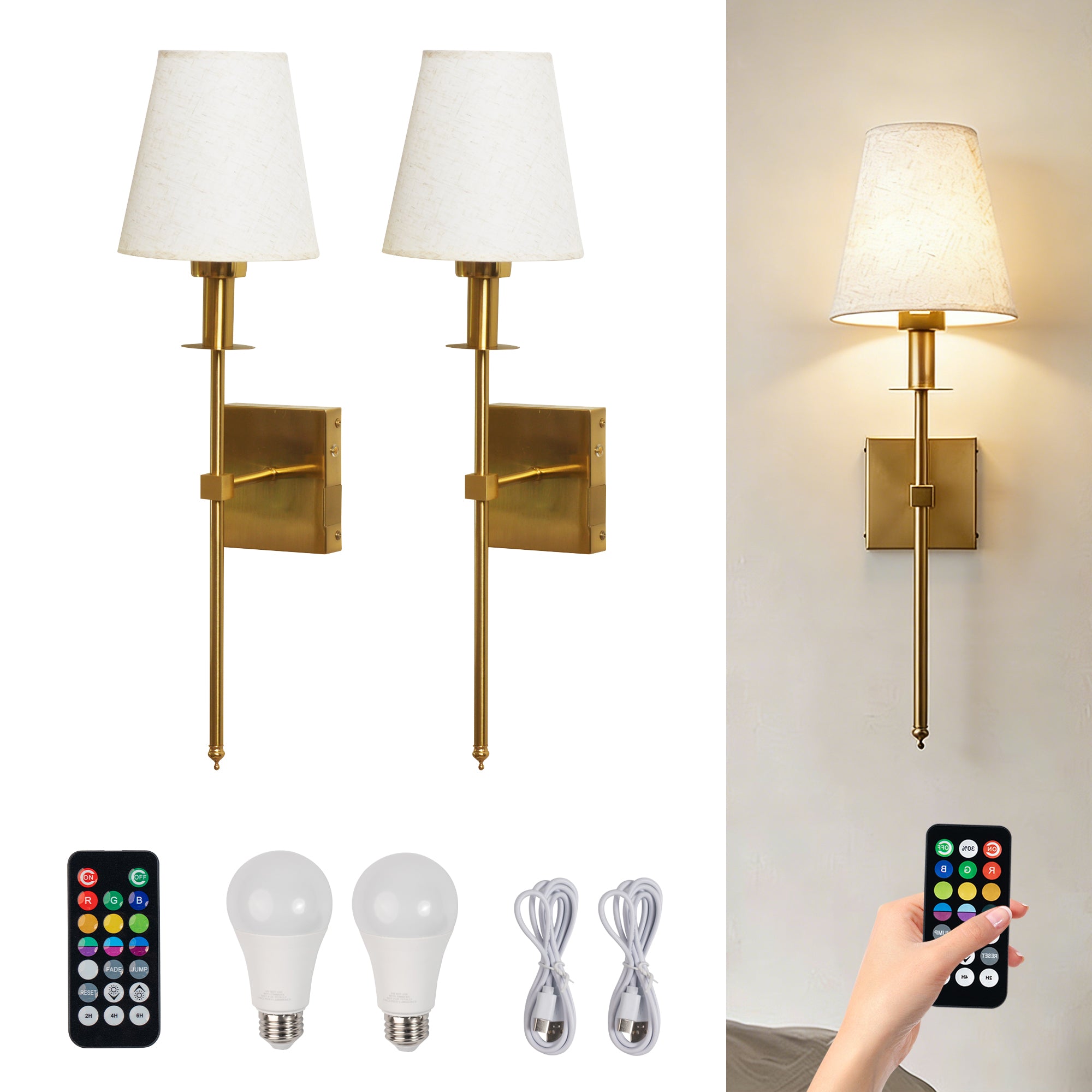 Dehowell Modern Removable Battery Operated Wireless Fabric Shade Wall Sconce With Remote Control (Set of 2)