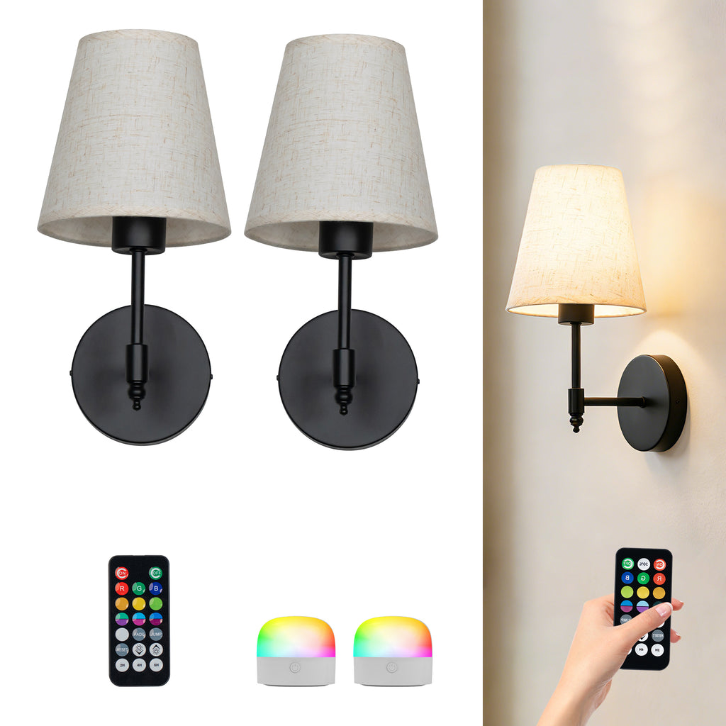 Dehowell Battery Operated Wireless Fabric Wall Sconces with Remote Contro For Living Room, Bedroom, Hallway, And Bathroom (Set of 2)