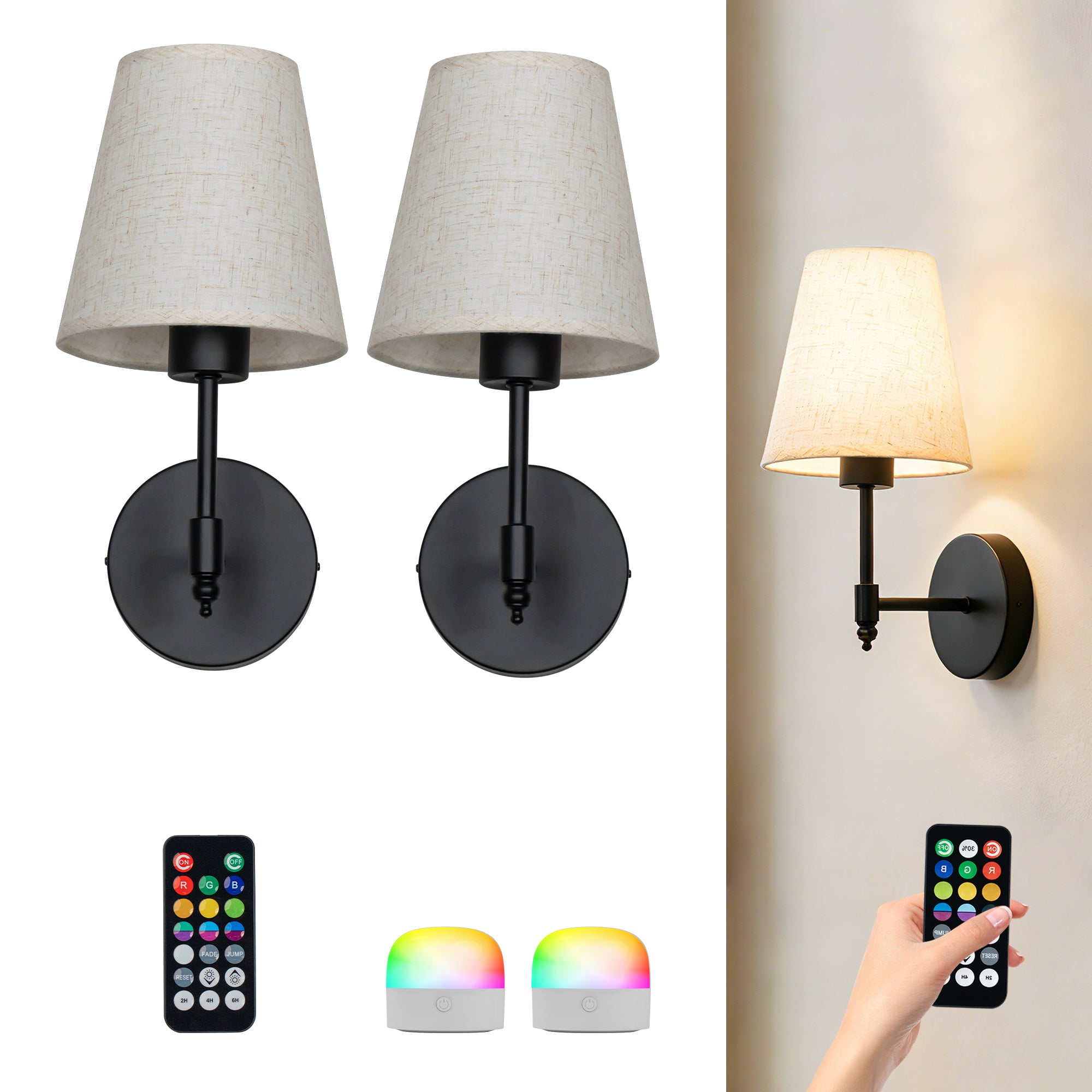 Dehowell Battery Operated Wireless Fabric Wall Sconces with Remote Contro For Living Room, Bedroom, Hallway, And Bathroom (Set of 2)