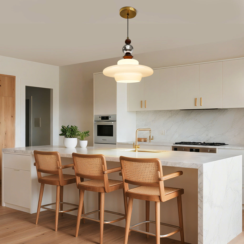 Dehowell Mid Century Glass Pendant Lamp With Wood & Metal Accents For Kitchen Island Living Dining Room