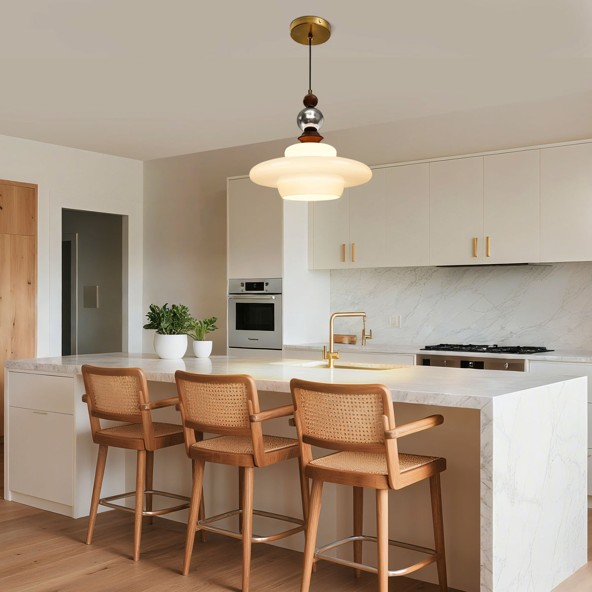 Dehowell Mid Century Glass Pendant Lamp With Wood & Metal Accents For Kitchen Island Living Dining Room