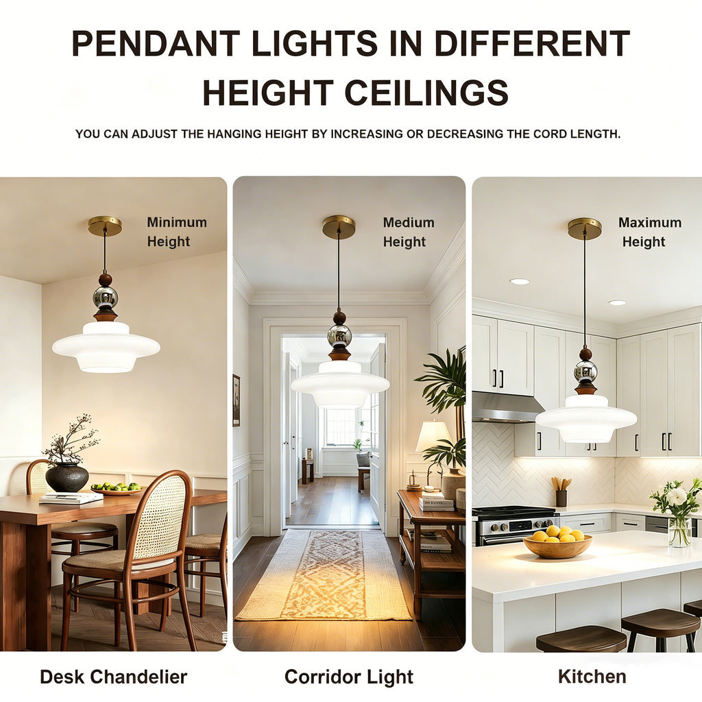 Dehowell Mid Century Glass Pendant Lamp With Wood & Metal Accents For Kitchen Island Living Dining Room