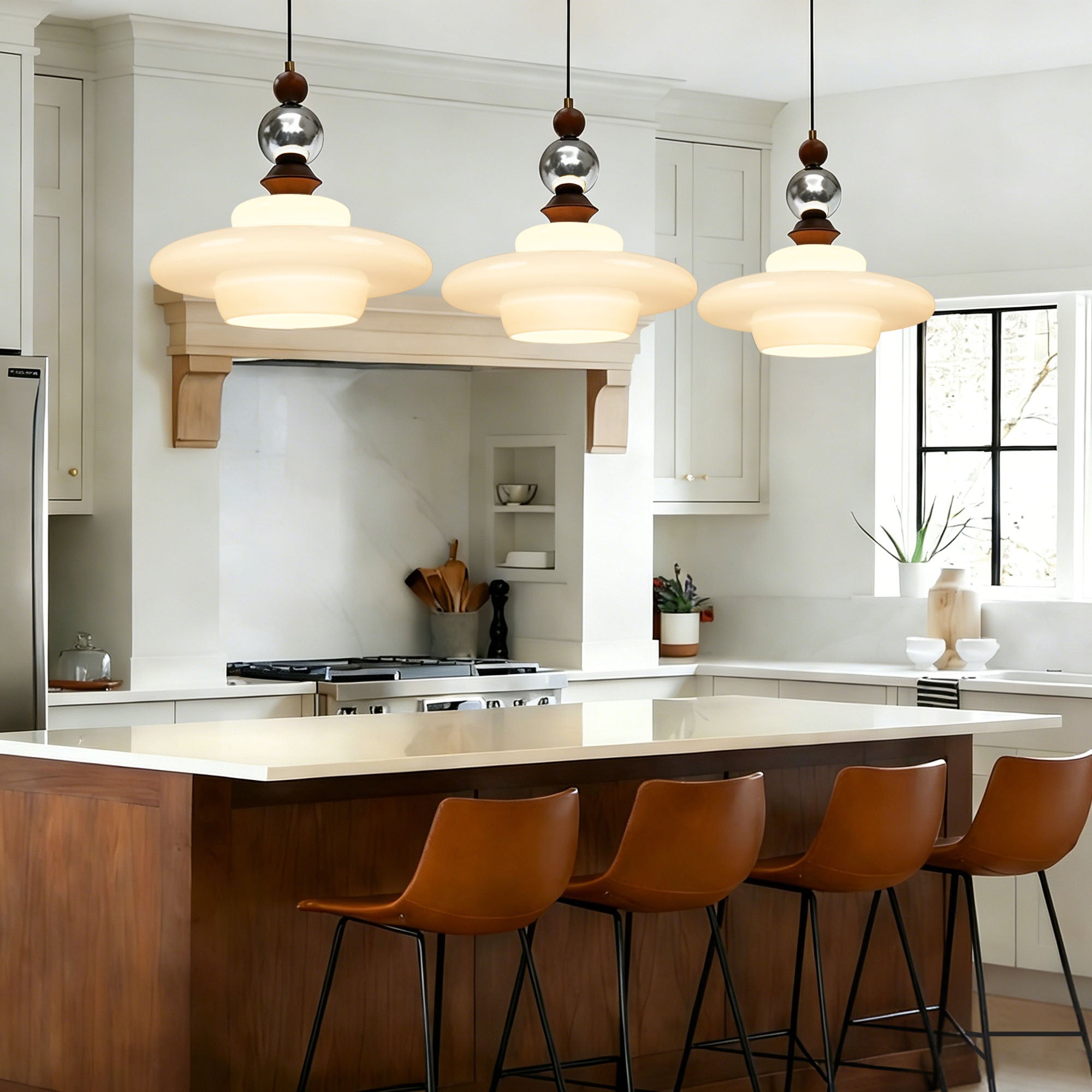 Dehowell Mid Century Glass Pendant Lamp With Wood & Metal Accents For Kitchen Island Living Dining Room
