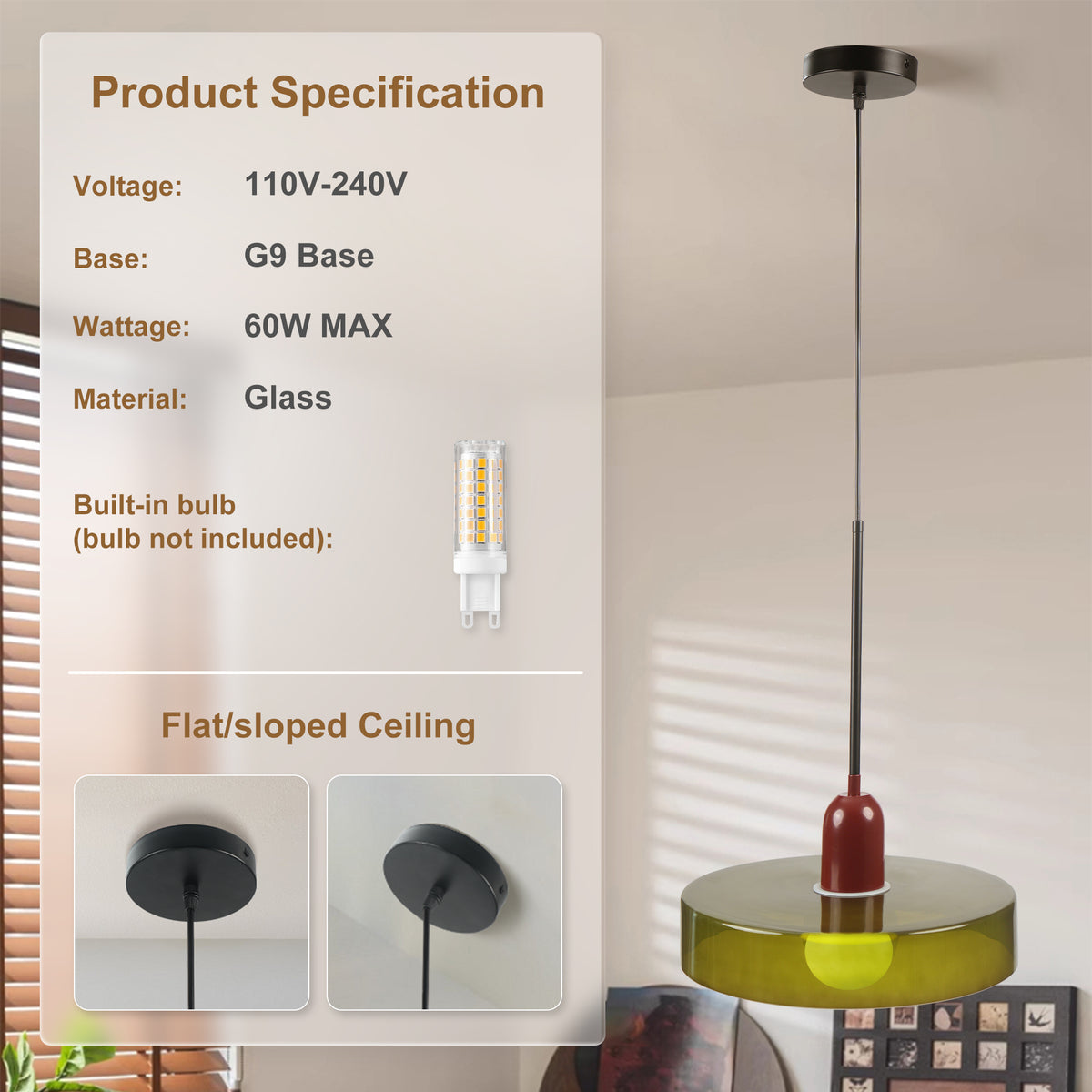 Modern 1-Light Pendant, 13.78" Olive Green Glass with Red Accent