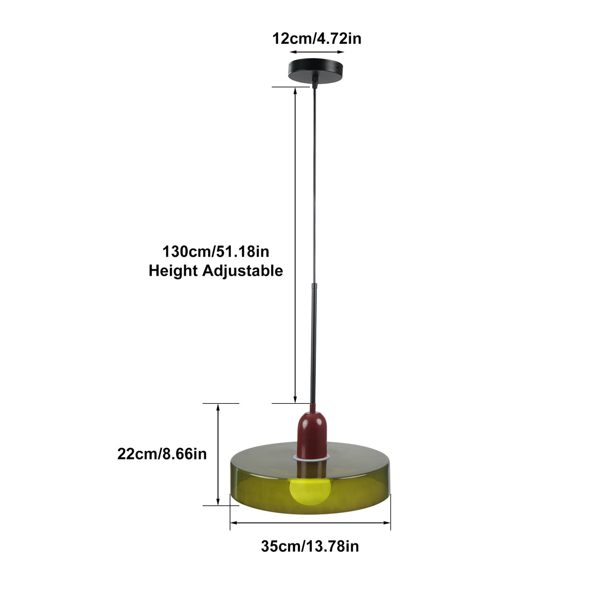 Modern 1-Light Pendant, 13.78" Olive Green Glass with Red Accent