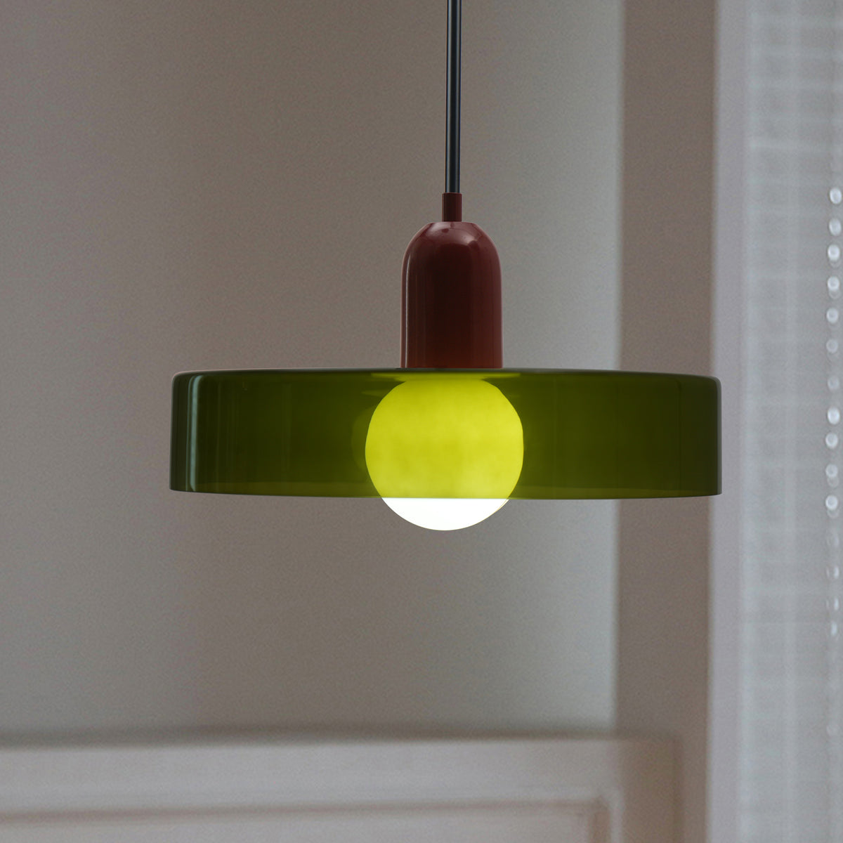 Modern 1-Light Pendant, 13.78" Olive Green Glass with Red Accent