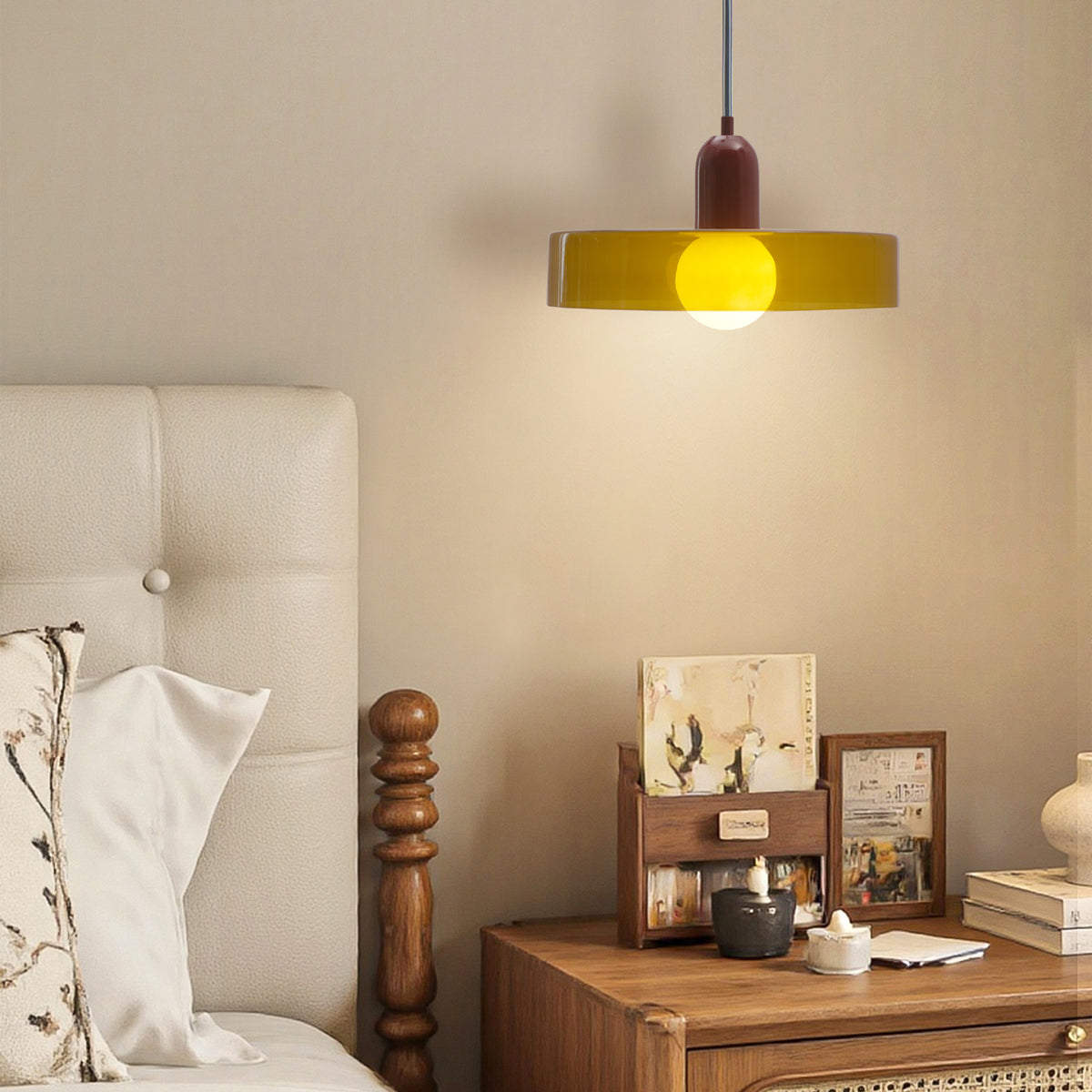 Modern 1-Light Pendant, 13.78" Olive Green Glass with Red Accent