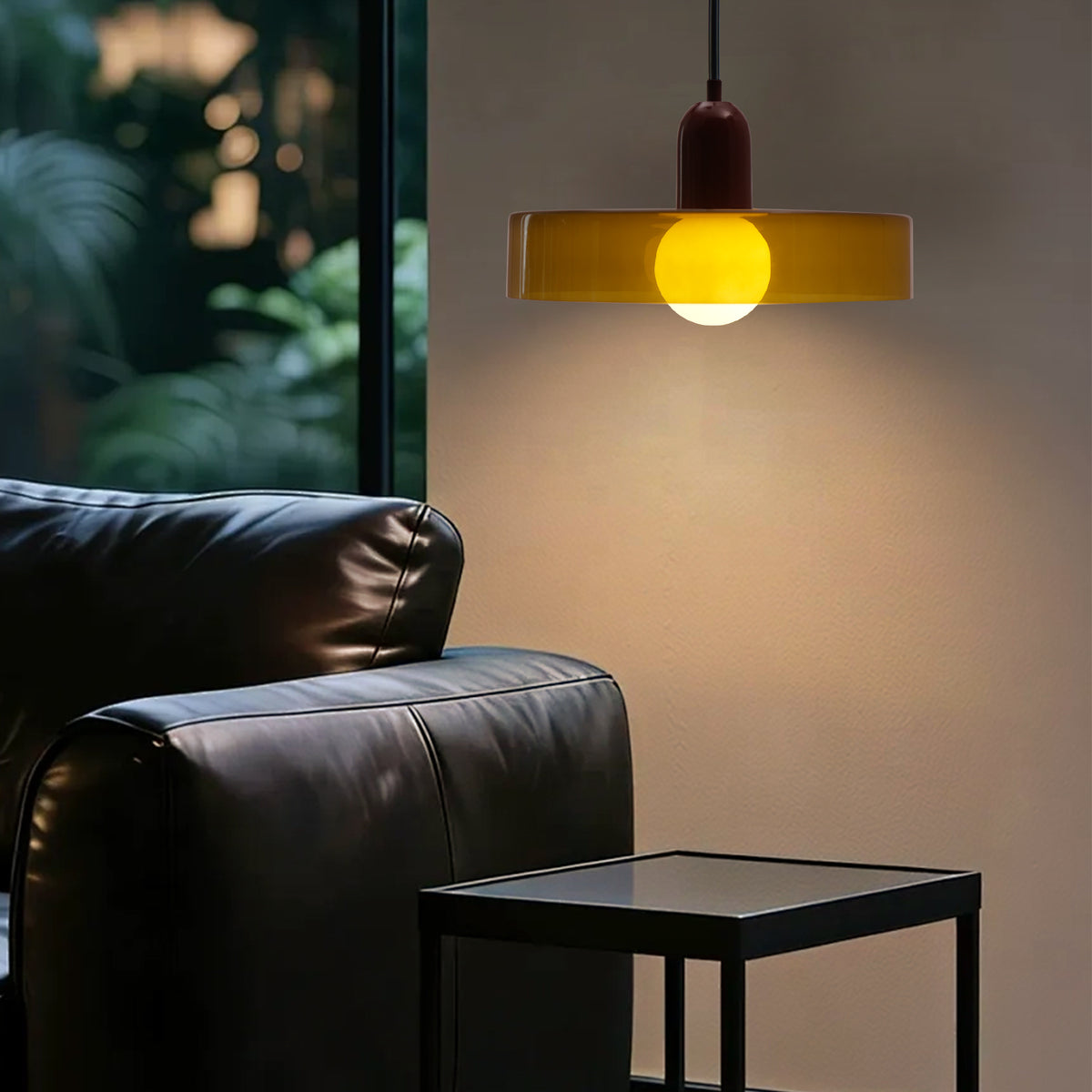 Modern 1-Light Pendant, 13.78" Olive Green Glass with Red Accent