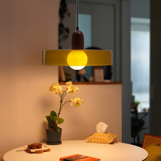 Modern 1-Light Pendant, 13.78" Olive Green Glass with Red Accent