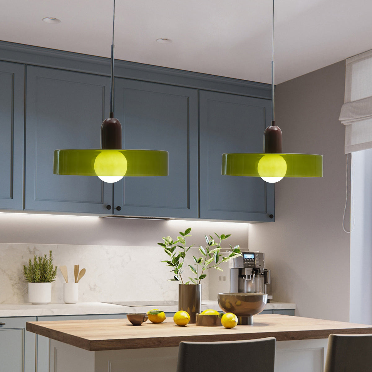 Modern 1-Light Pendant, 13.78" Olive Green Glass with Red Accent