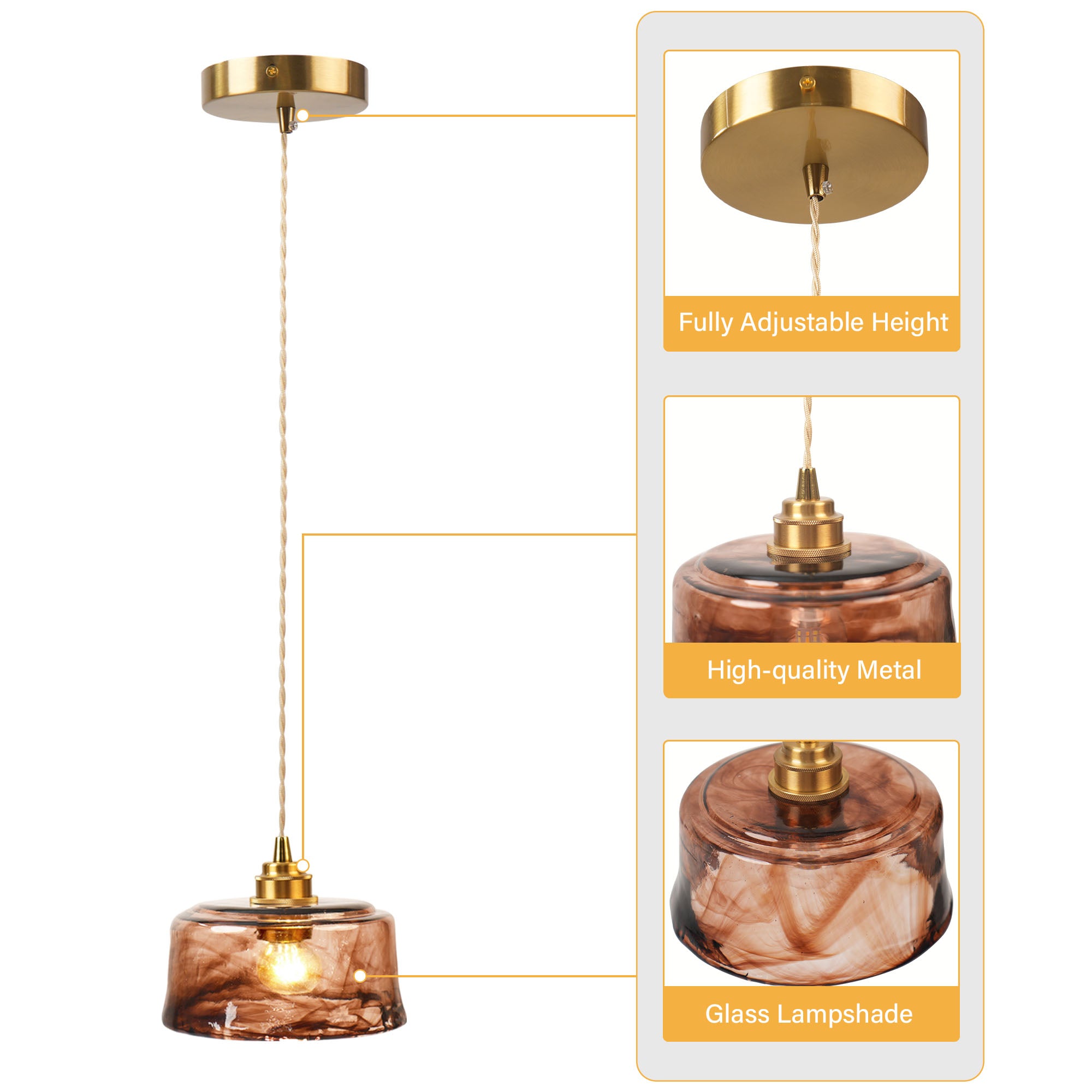 Dehowell 3-Light Island Pendant With Amber Glass Shade (Set of 3)